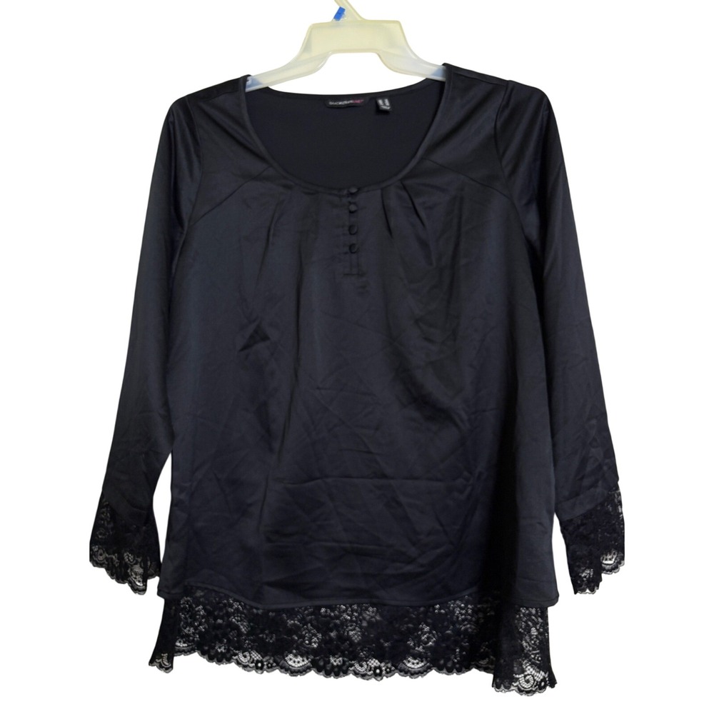 Isaac Mizrahi Live! Black Lace Trim Long Sleeve Blouse Top‎ A296853 Womens 14